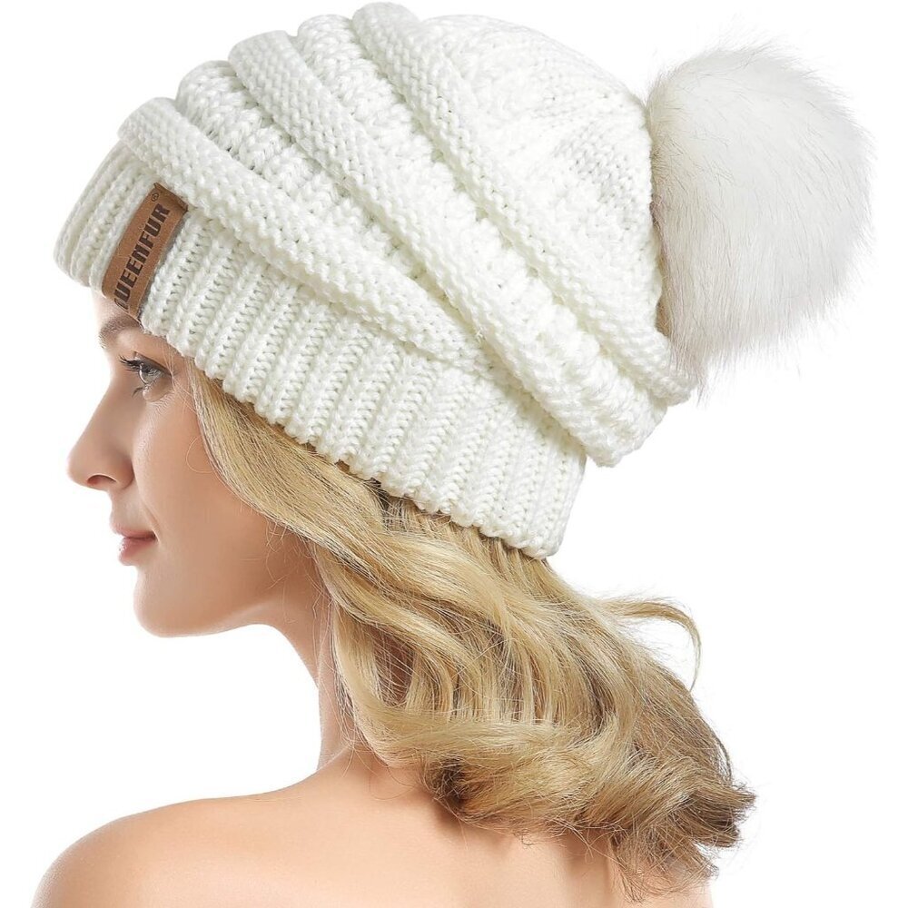 Women White Soft Acrylic Thick Baggy Knit Winter Faux Fur Pompom Beanie